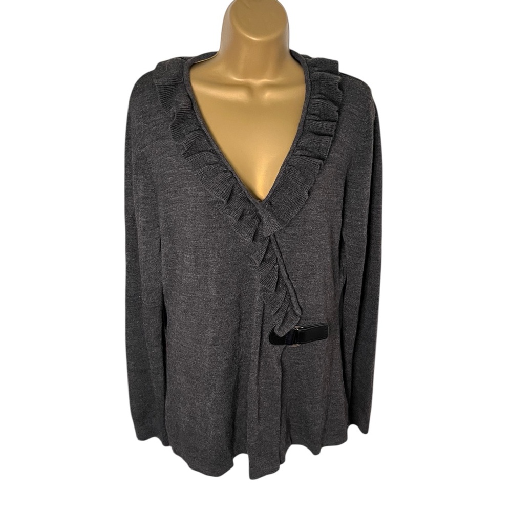 Vtg Y2K Vintage Suzie Ruffle Sweater Surplice Embellished Gray Knit XL